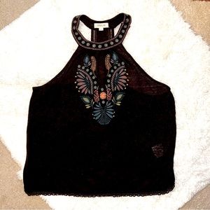 Boho tank top halter neck, racer back chocolate brown, beautiful embroidery